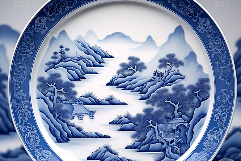 青花瓷山水工笔画瓷器