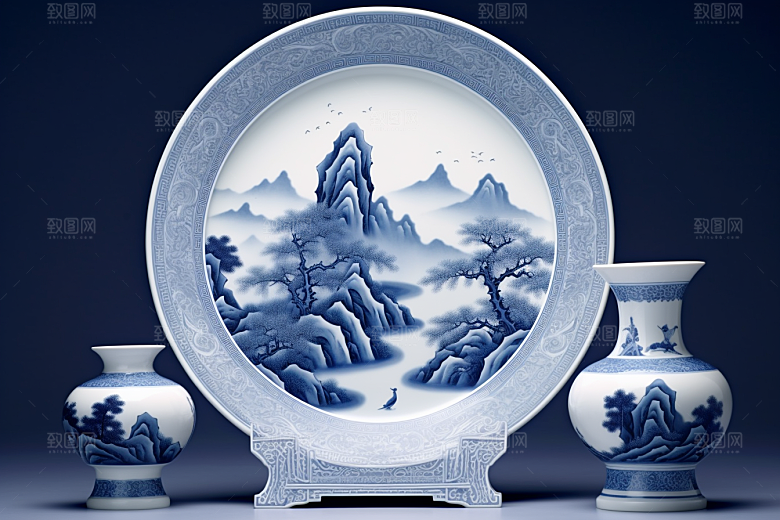 青花瓷山水水墨瓷器