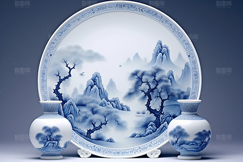 青花瓷水墨中国风瓷器
