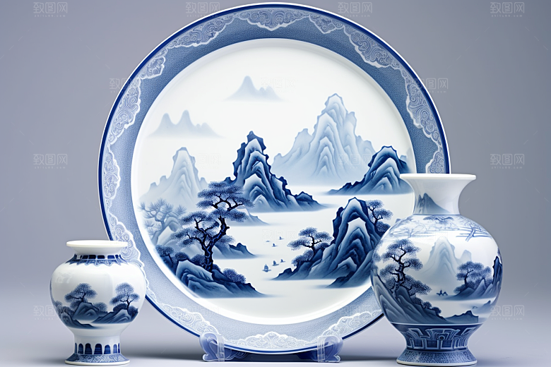 青花瓷古董水墨瓷器