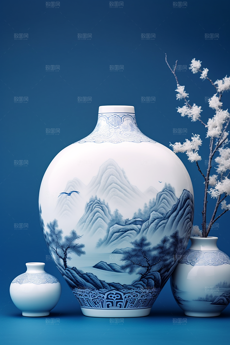 青花瓷古董山水瓷器