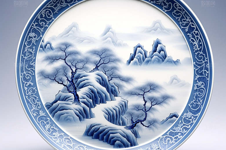 青花瓷水墨器皿瓷器