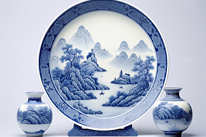 青花瓷中国风水墨瓷器