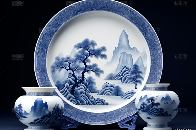 青花瓷国潮器皿瓷器