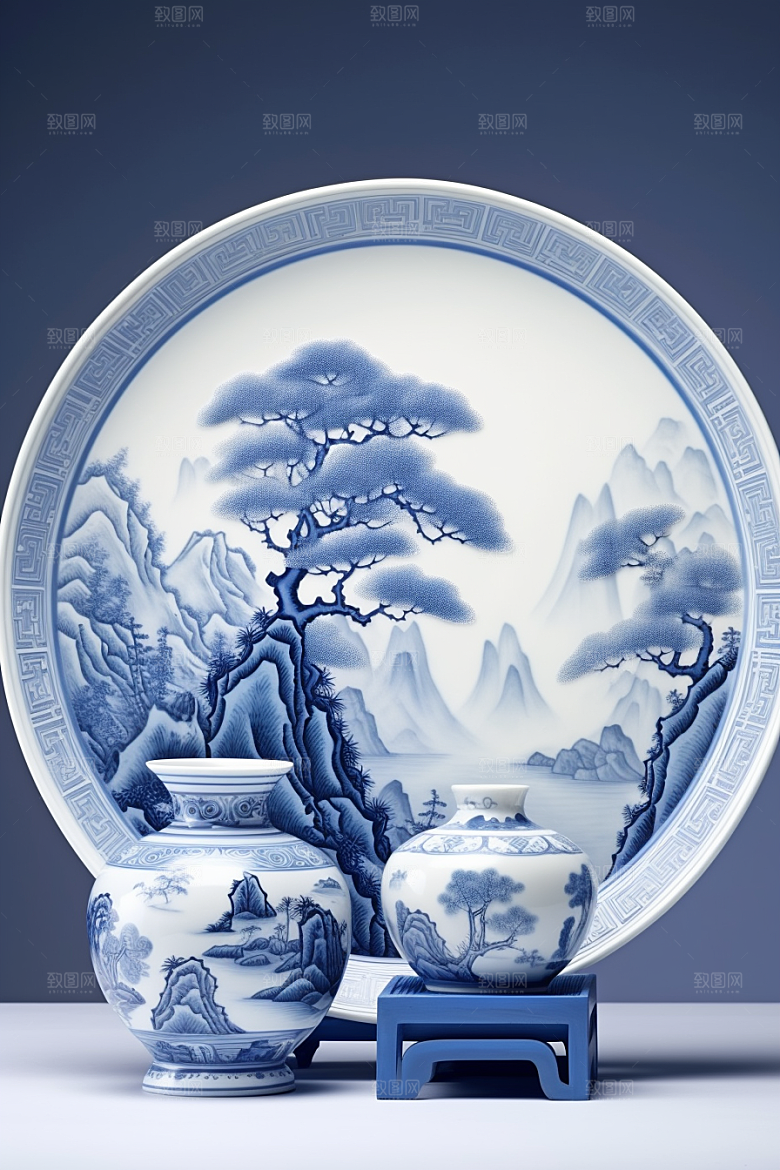 青花瓷陶瓷山水瓷器