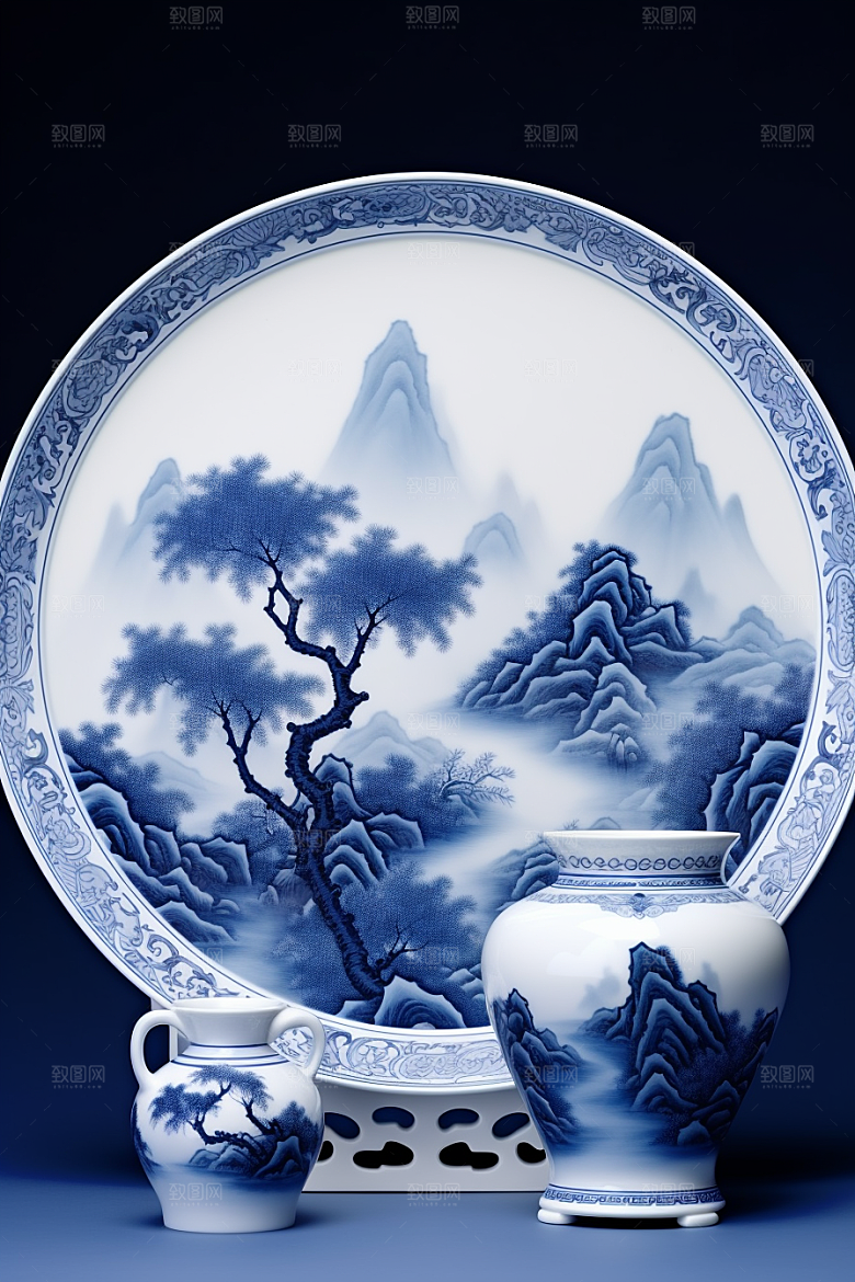 青花瓷山水工笔画瓷器