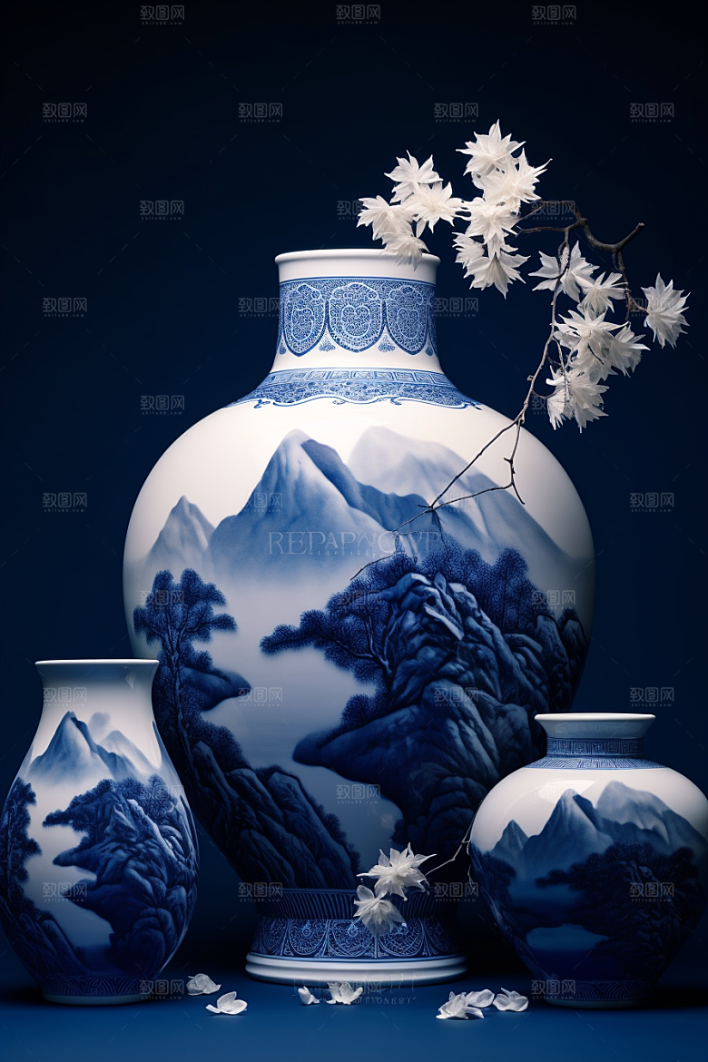 青花瓷中国风工笔画瓷器