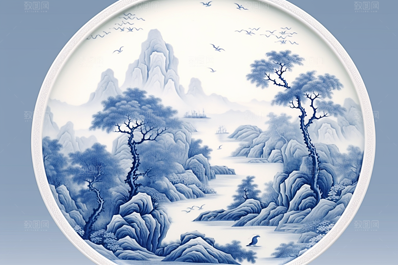 青花瓷丹青山水瓷器