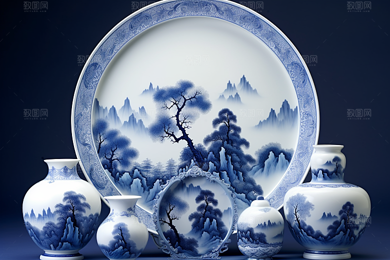 青花瓷山水器皿瓷器