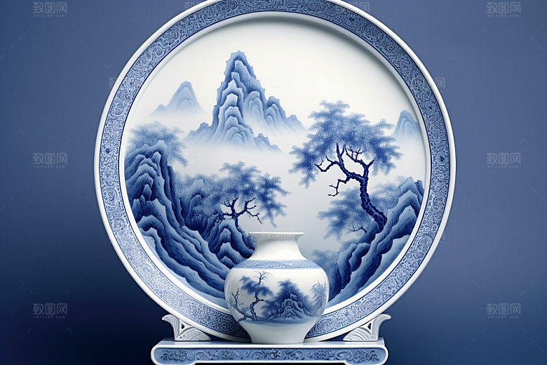 青花瓷水墨山水瓷器
