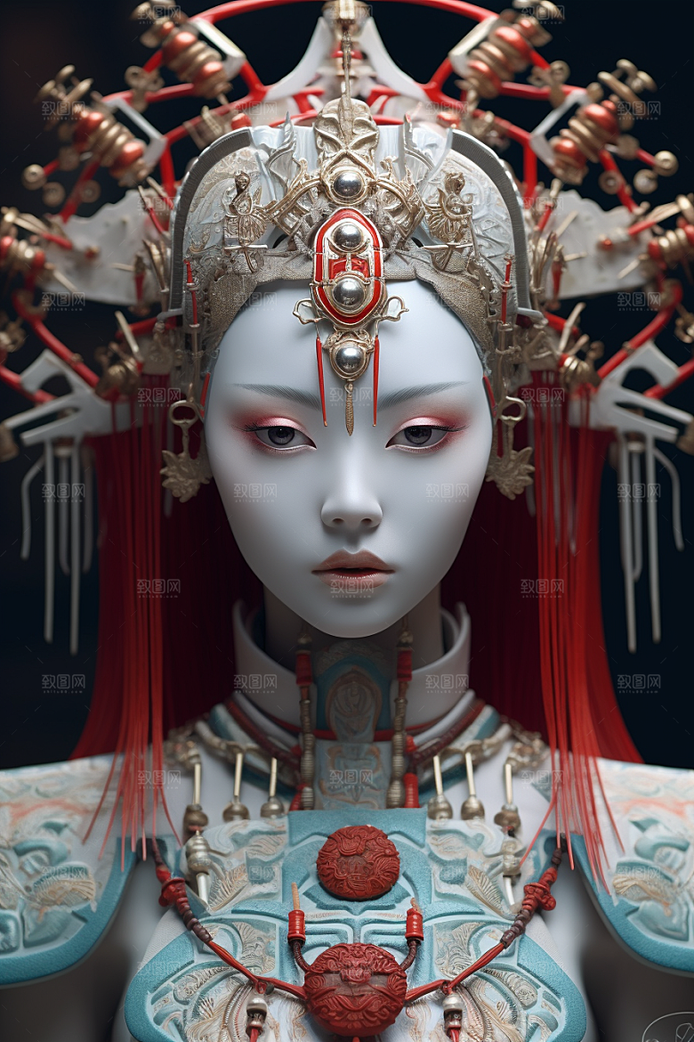 科幻国潮人物肖像雕塑模型