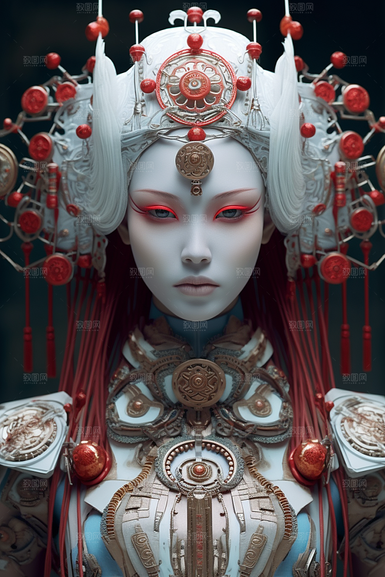 科幻国潮人物肖像雕塑模型
