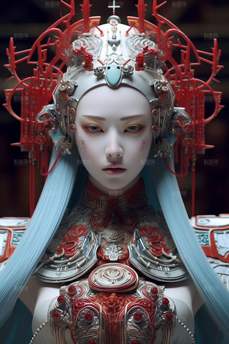 科幻国潮人物肖像雕塑模型