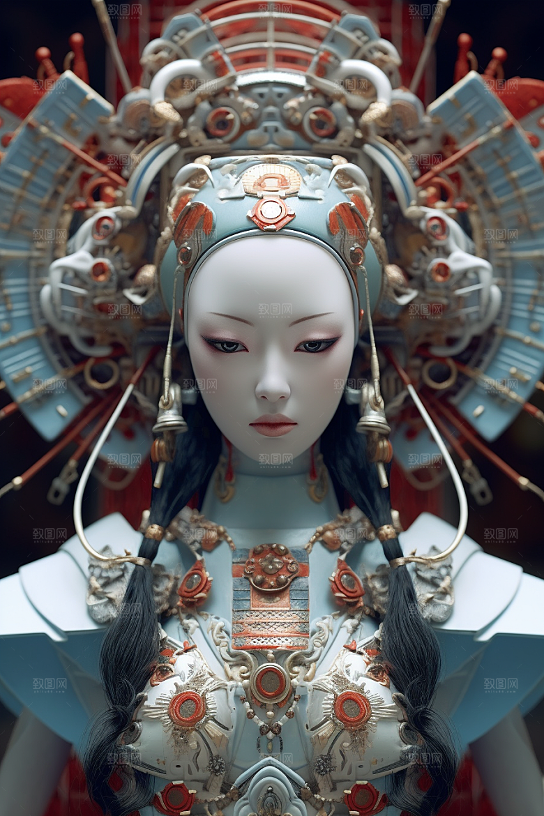 科幻国潮人物肖像雕塑模型