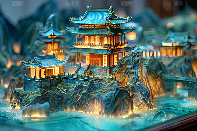 国潮光效建筑山水超现实模型