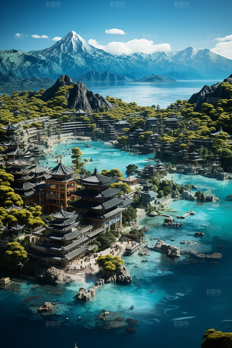 国潮光效建筑高清潮流模型