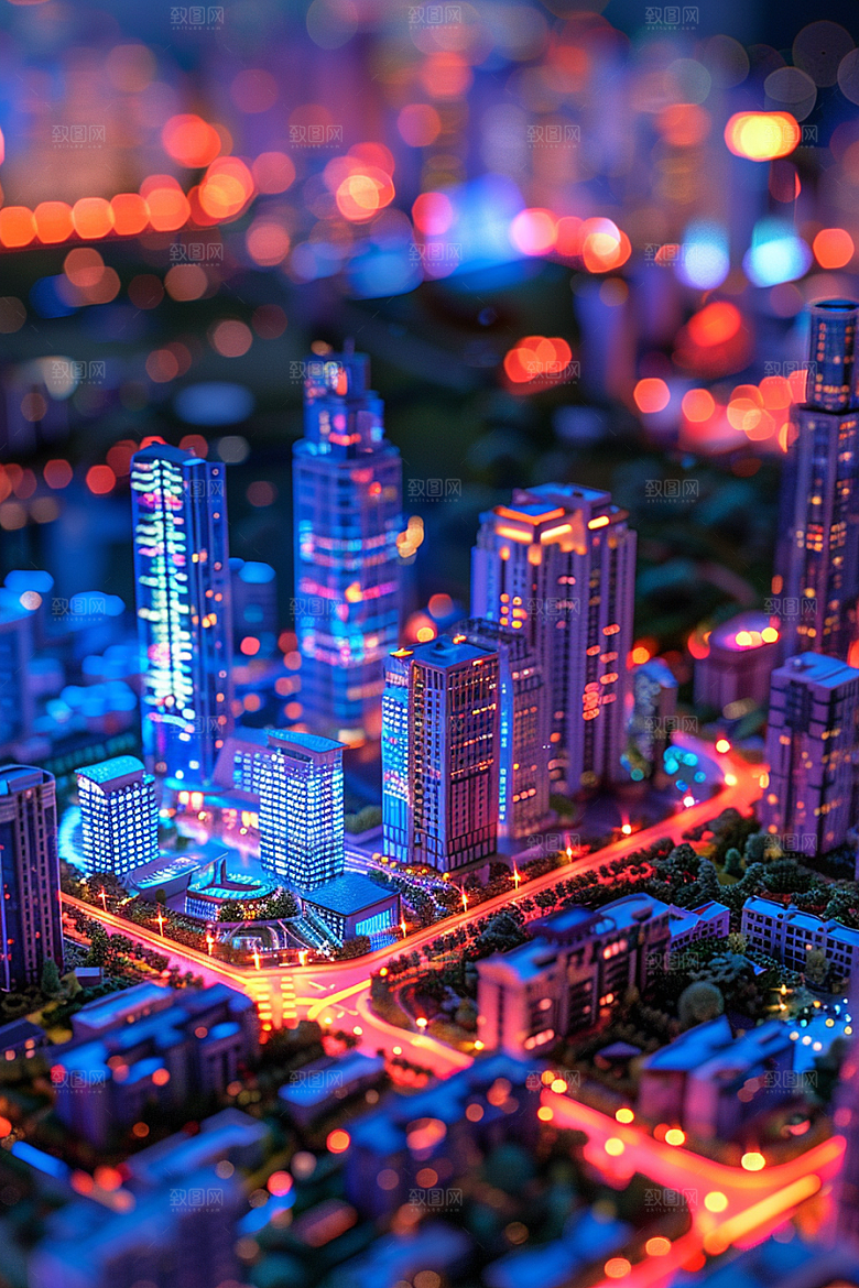 国潮光效建筑3D赛博朋克模型