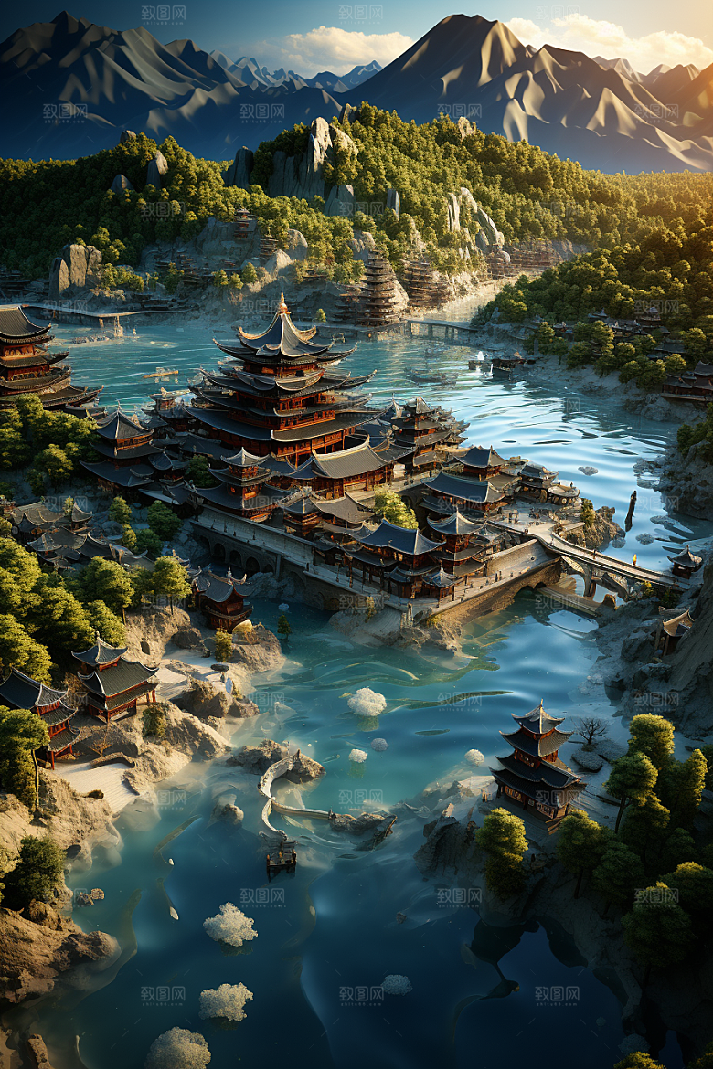 国潮光效建筑中国风赛博朋克模型