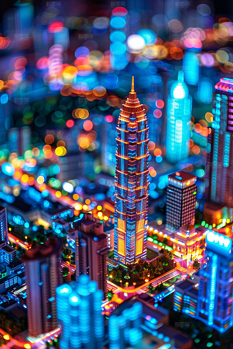 国潮光效建筑中国风赛博朋克模型