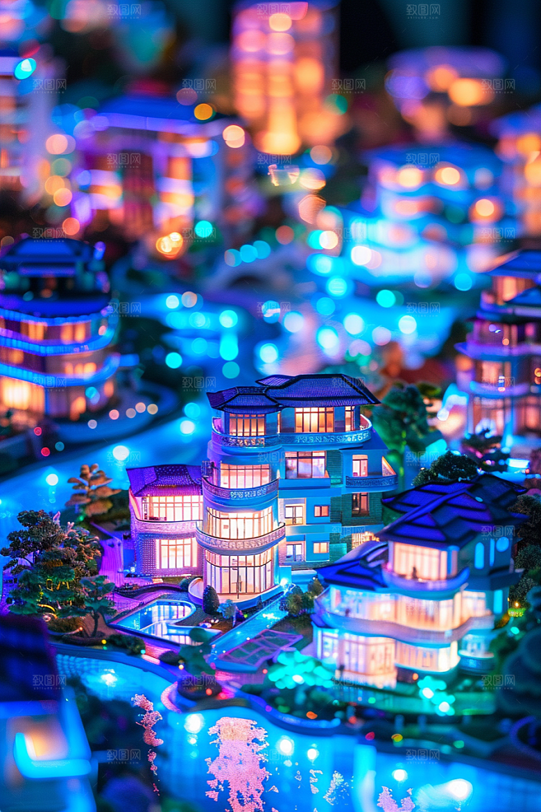 国潮光效建筑质感微距模型