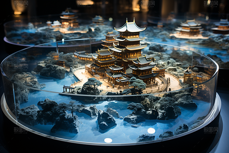 国潮光效建筑山水超现实模型