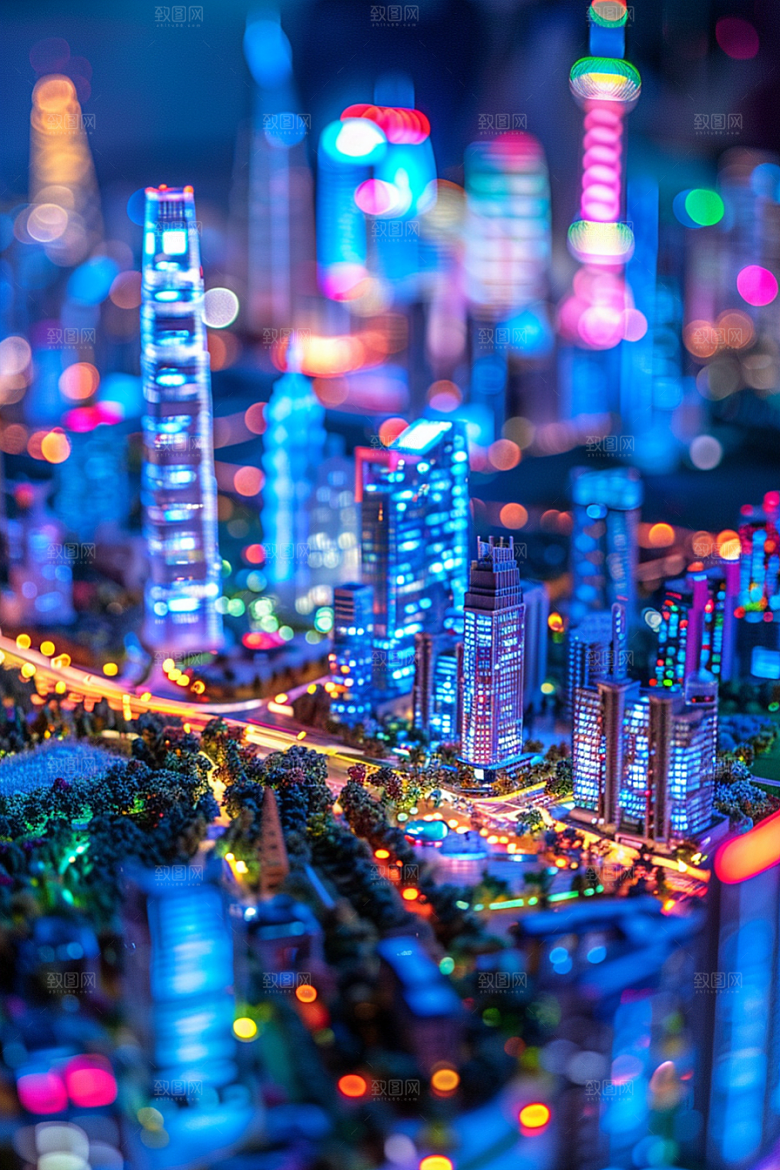 国潮光效建筑质感立体模型