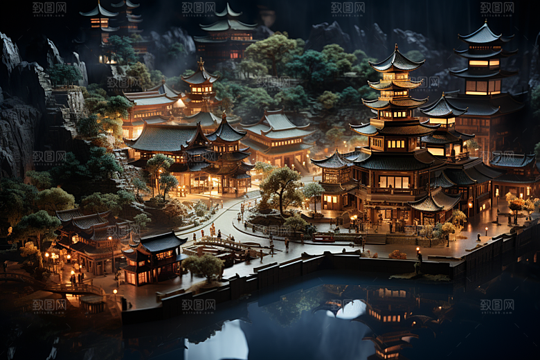 国潮光效建筑赛博朋克梦幻模型