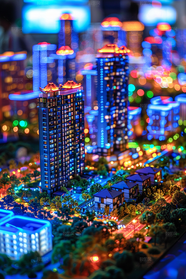 国潮光效建筑3D时尚模型