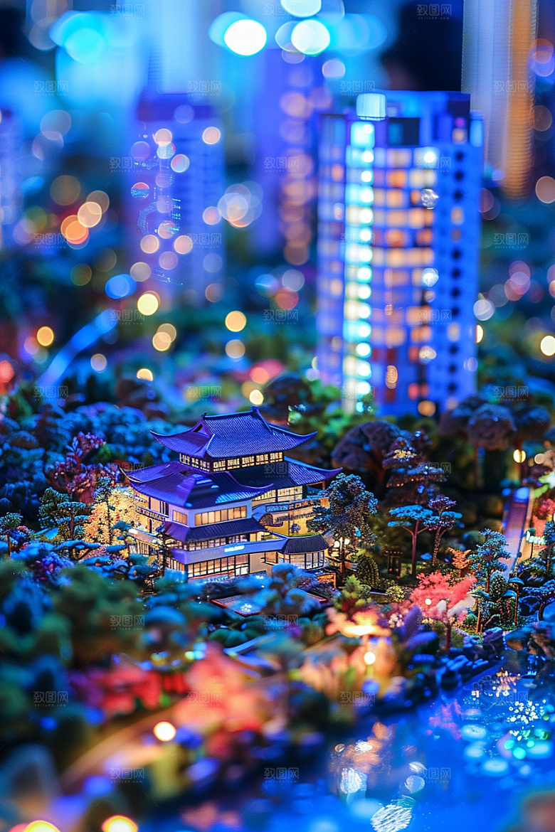 国潮光效建筑山水3D模型