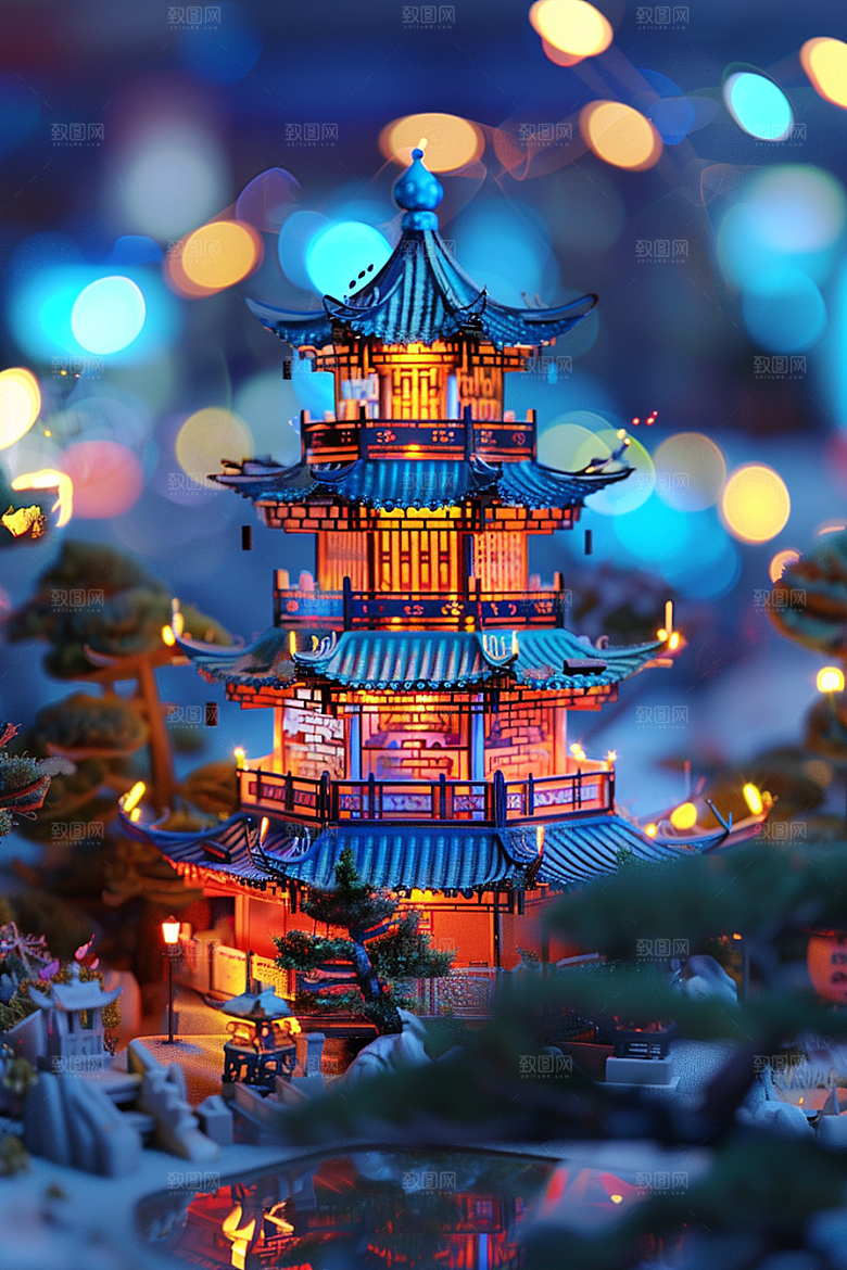 国潮光效建筑时尚中国风模型