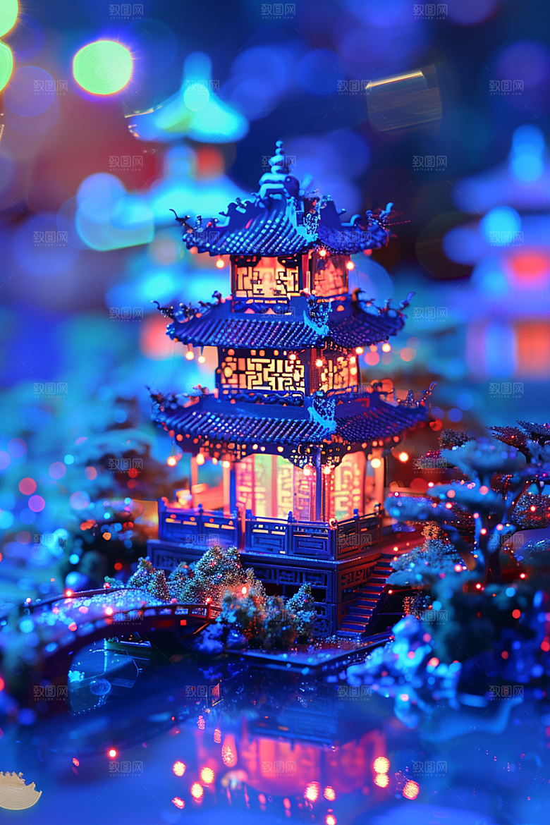 国潮光效建筑梦幻赛博朋克模型