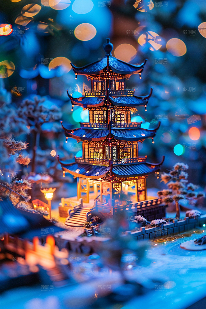 国潮光效建筑幻想风传统模型