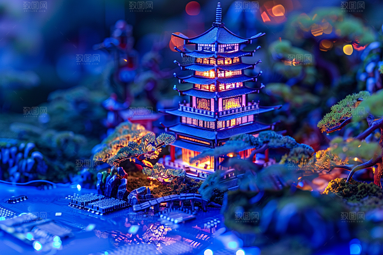 国潮光效建筑时尚山水模型