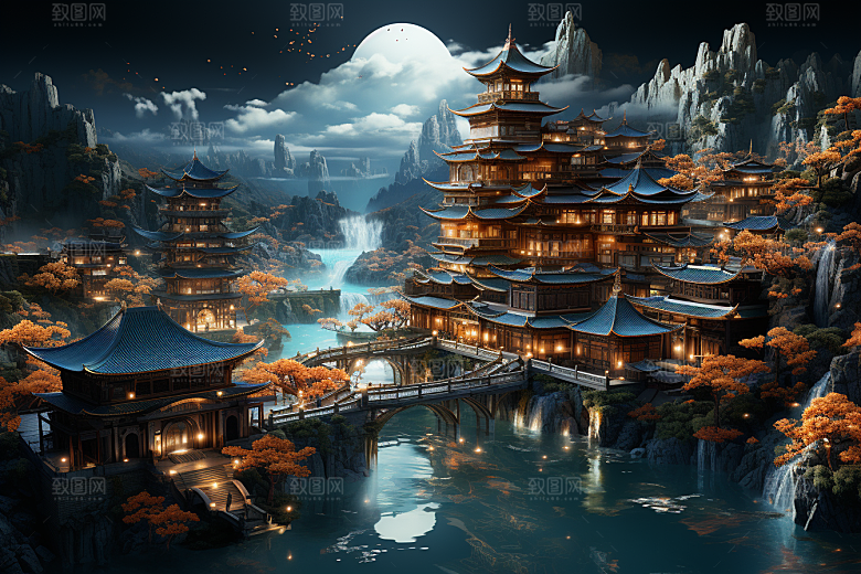 国潮光效建筑赛博朋克幻想风模型