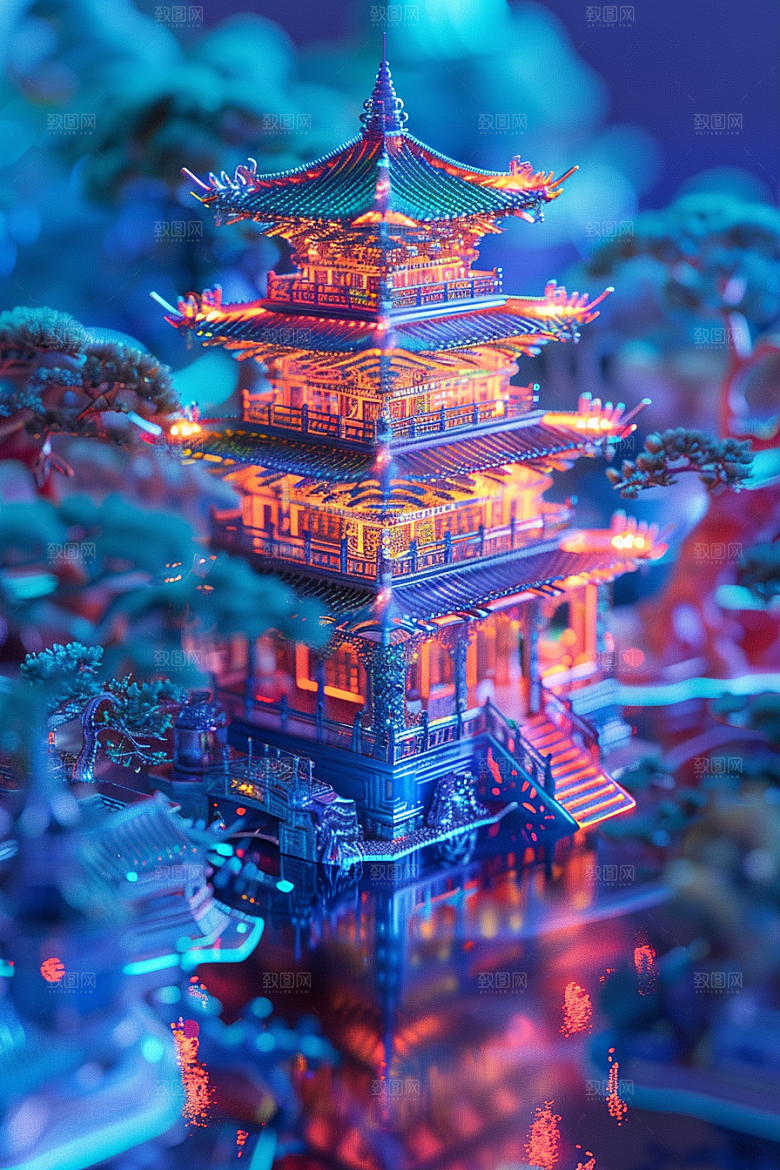 国潮光效建筑超现实3D模型