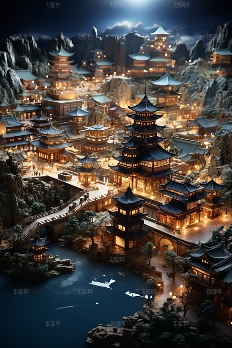 国潮光效建筑梦幻幻想风模型