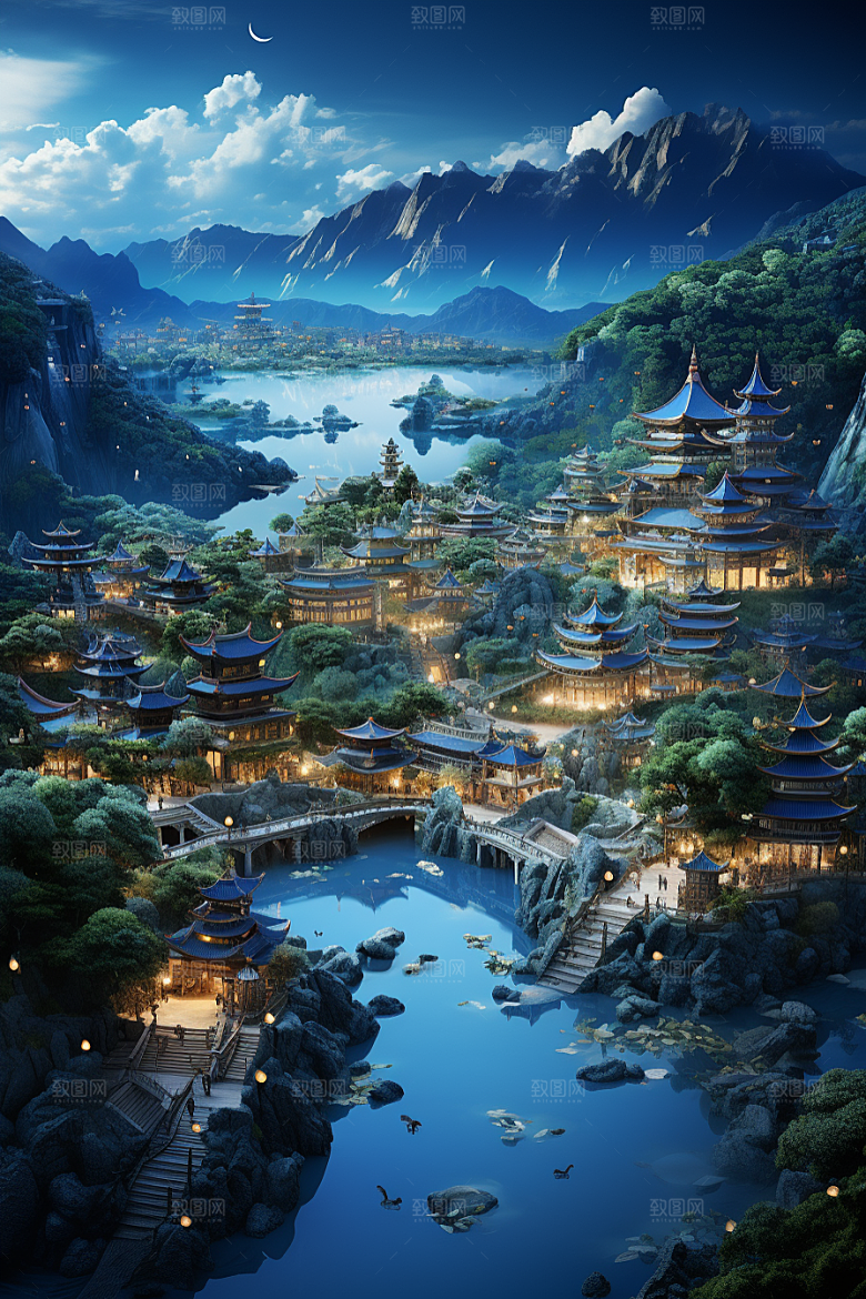 国潮光效建筑高清3D模型