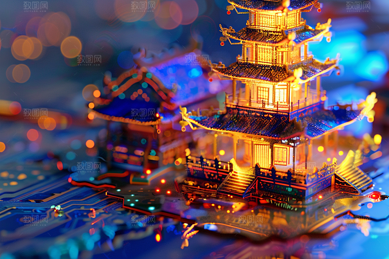 国潮光效建筑立体中国风模型