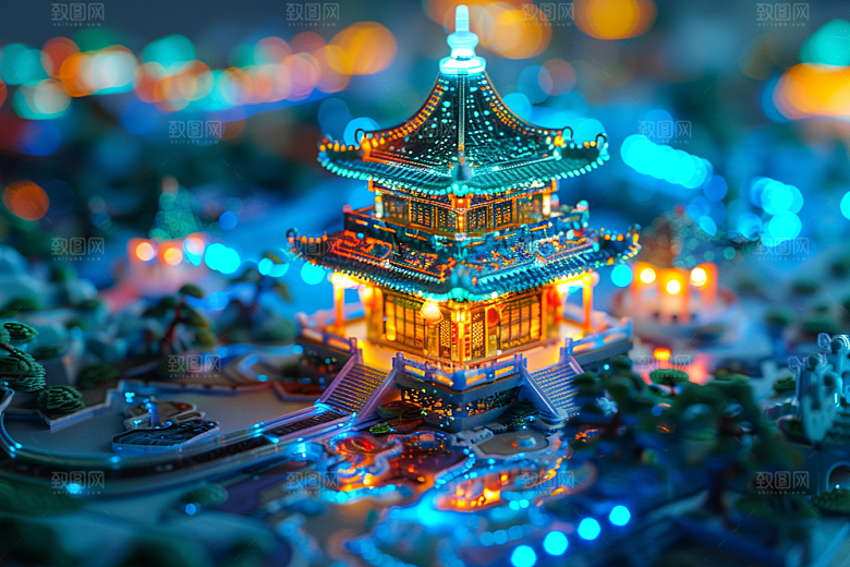 国潮光效建筑超现实潮流模型