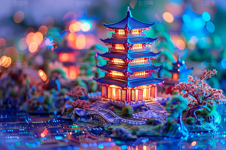 国潮光效建筑质感梦幻模型