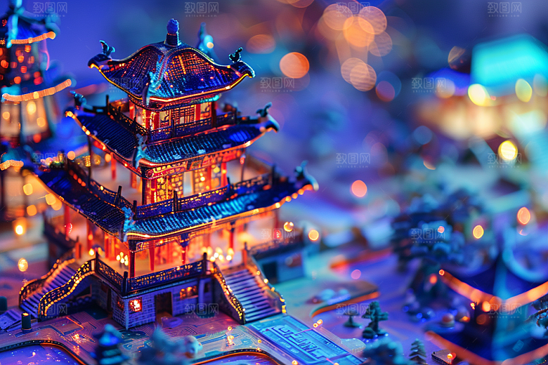 国潮光效建筑中国风梦幻模型