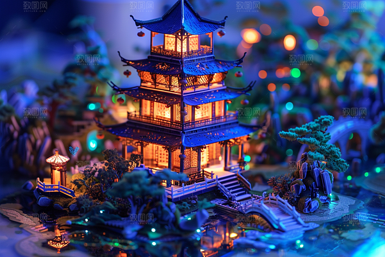 国潮光效建筑超现实幻想风模型