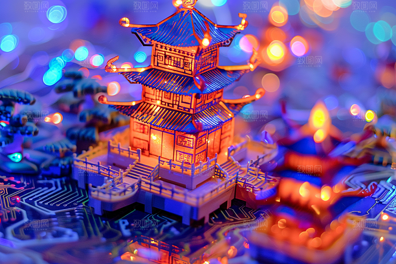 国潮光效建筑赛博朋克3D模型