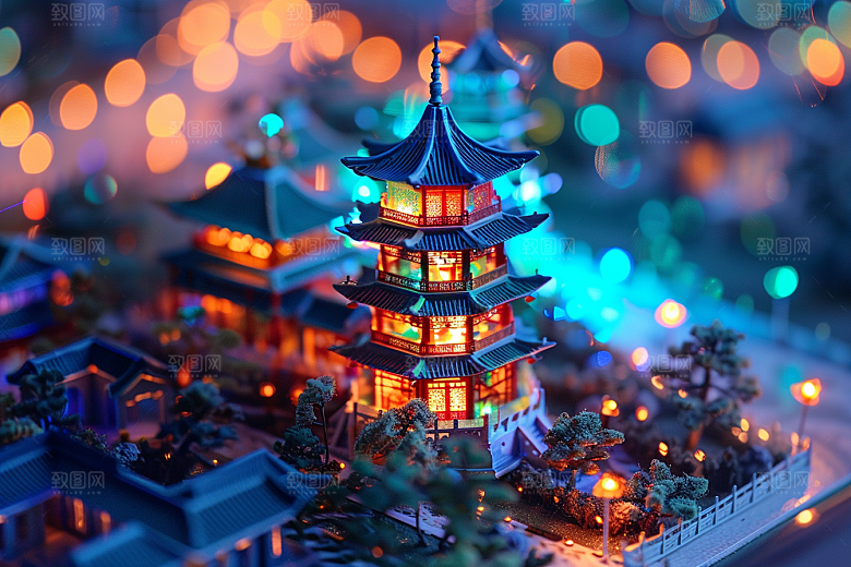 国潮光效建筑梦幻传统模型