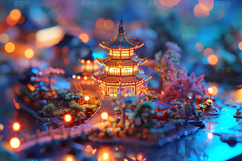 国潮光效建筑高清梦幻模型