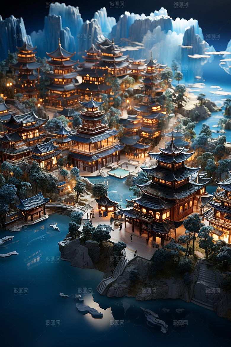 国潮光效建筑梦幻山水模型