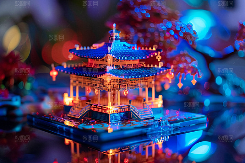 国潮光效建筑3D质感模型