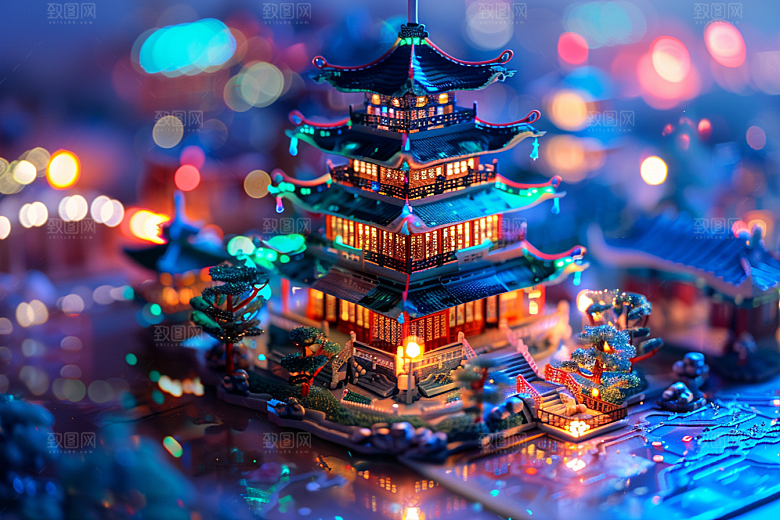 国潮光效建筑梦幻时尚模型