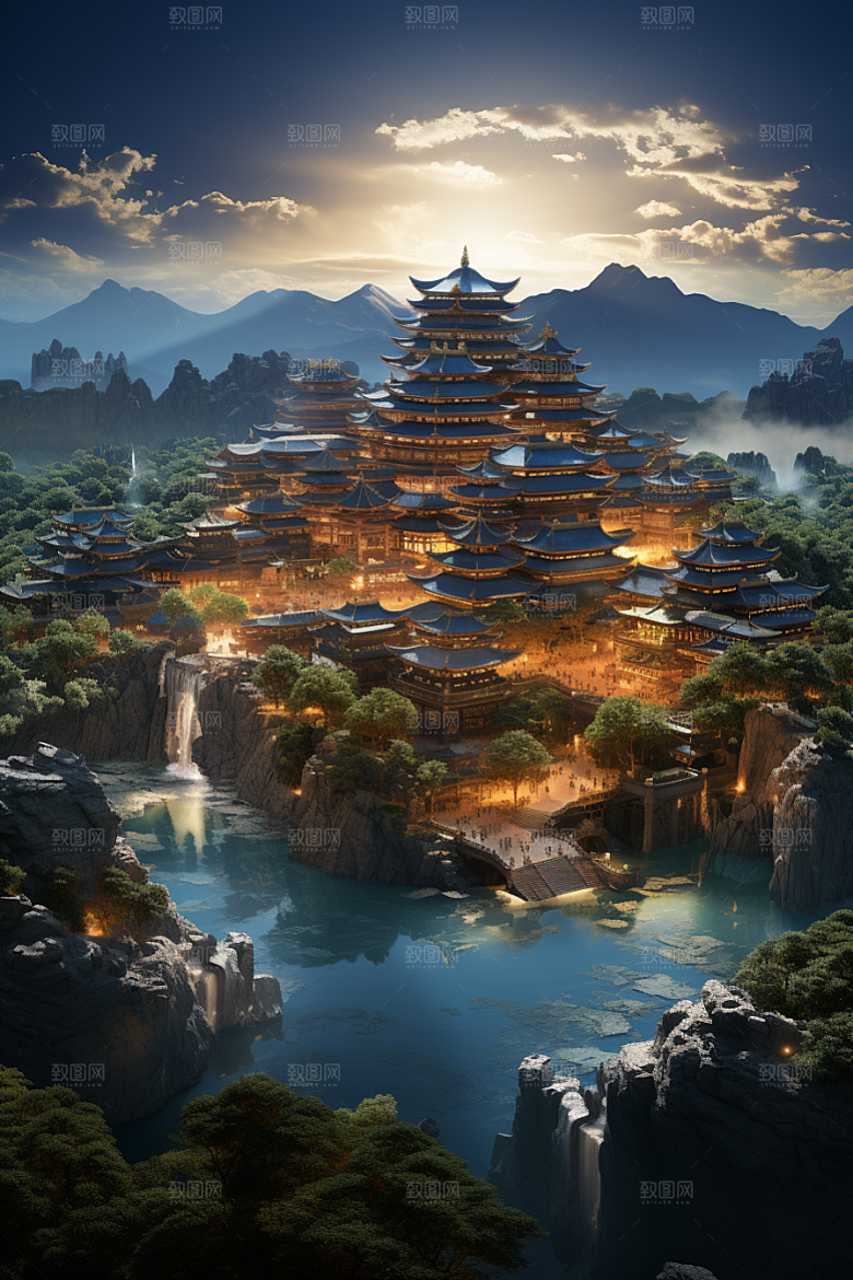 国潮光效建筑传统中国风模型