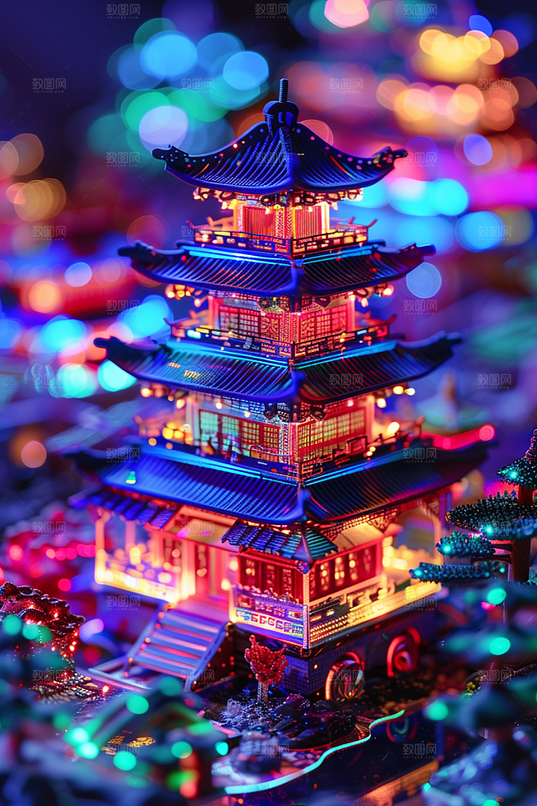 国潮光效建筑立体赛博朋克模型